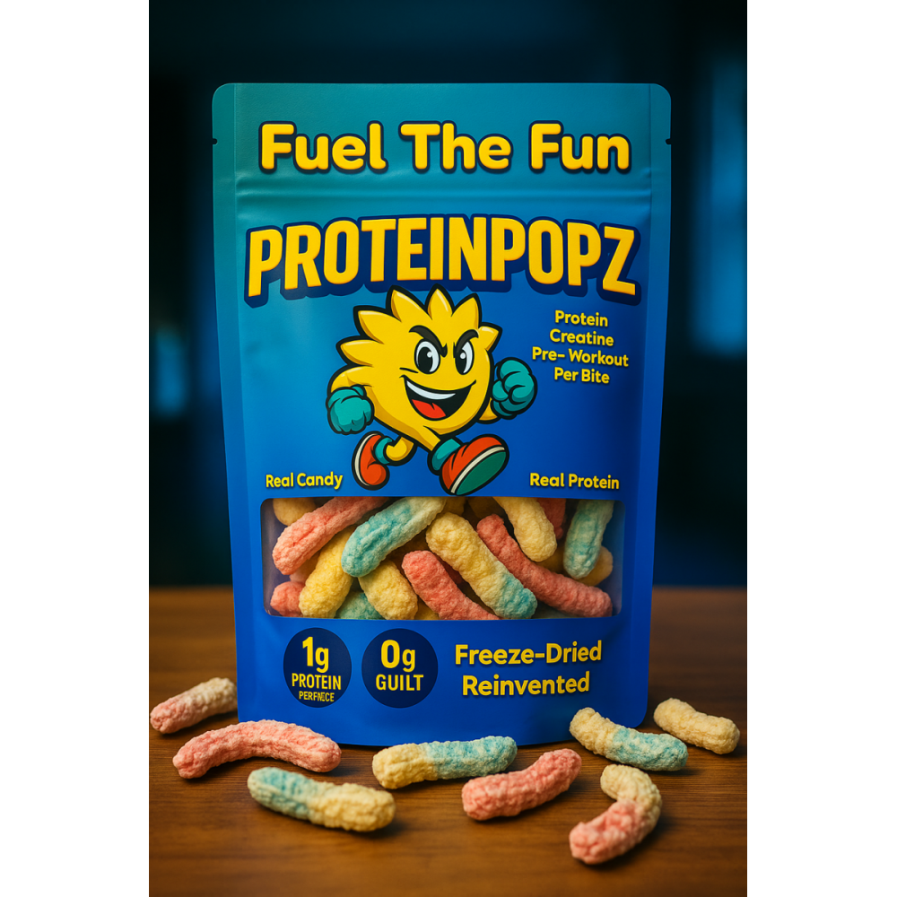 Vibrant teal PROTEINPOPZ pouch filled with freeze-dried Nerds protein candy on a wooden table with a green outdoor background.