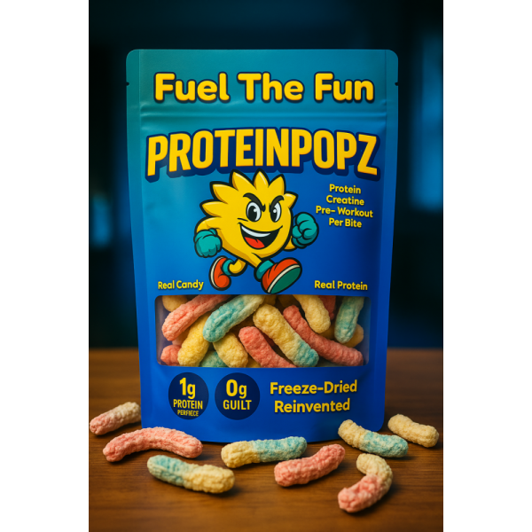 Vibrant teal PROTEINPOPZ pouch filled with freeze-dried Nerds protein candy on a wooden table with a green outdoor background.