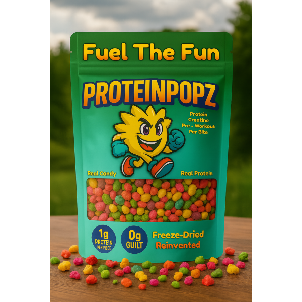 Vibrant teal PROTEINPOPZ pouch filled with freeze-dried Nerds protein candy on a wooden table with a green outdoor background.